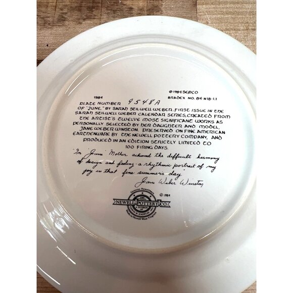 Sarah Stilwell Weber June Calendar Plate By Newell Pottery Co. 1984 Collectible - Picture 3 of 3